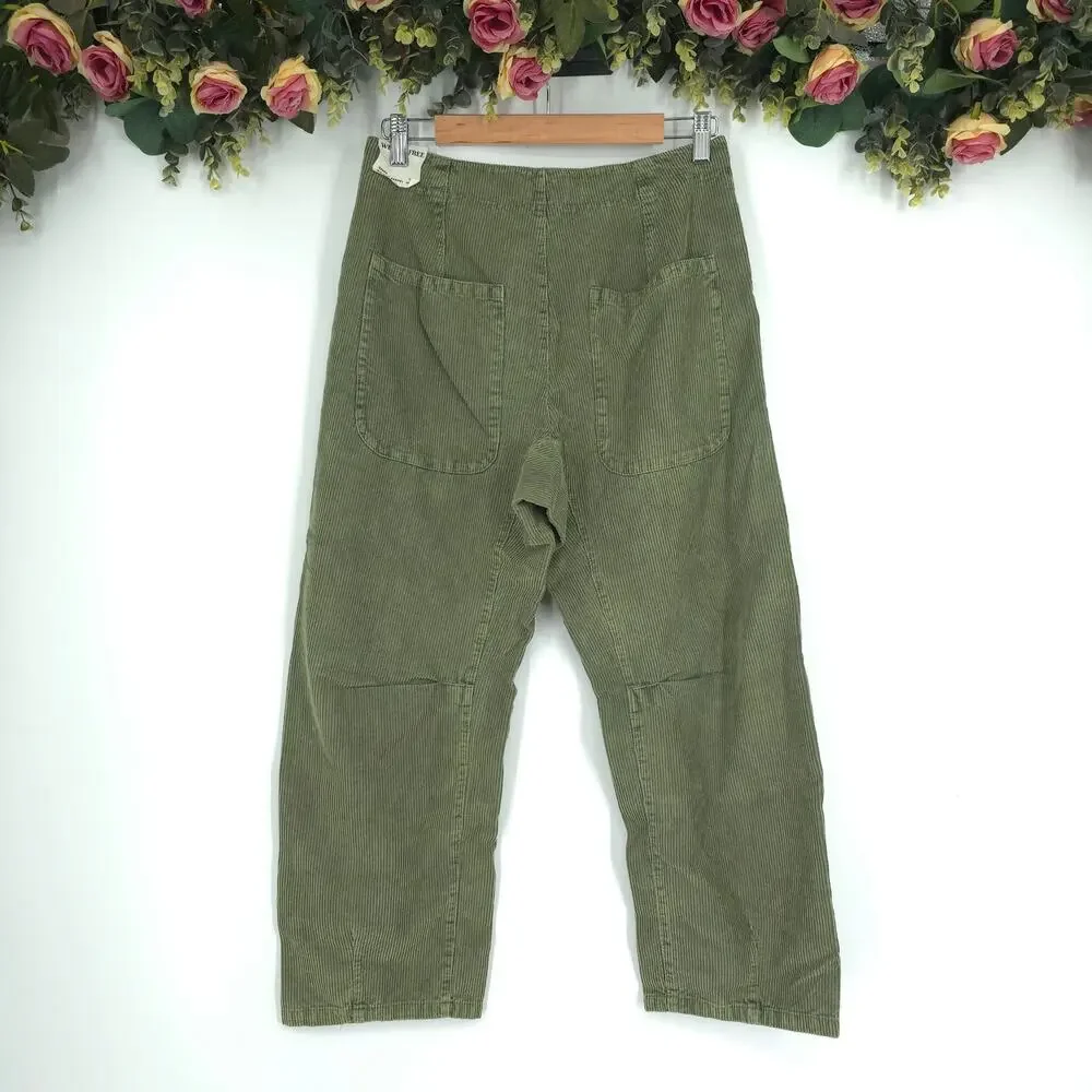 Free People Osaka Mid Rise Barrel Green Corduroy Pants Size 27